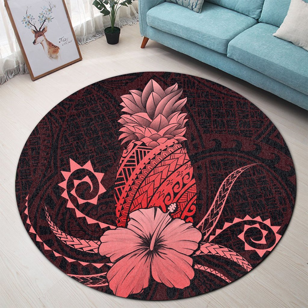Hawaii Polynesian Pineapple Hibiscus Round Carpet - Red - AH - Polynesian Pride