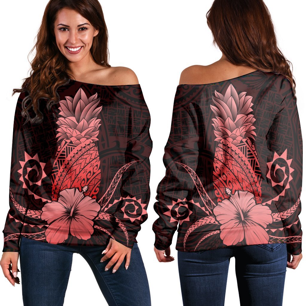 Hawaii Polynesian Pineapple Hibiscus Women's Off Shoulder Sweater - Red - AH Black - Polynesian Pride