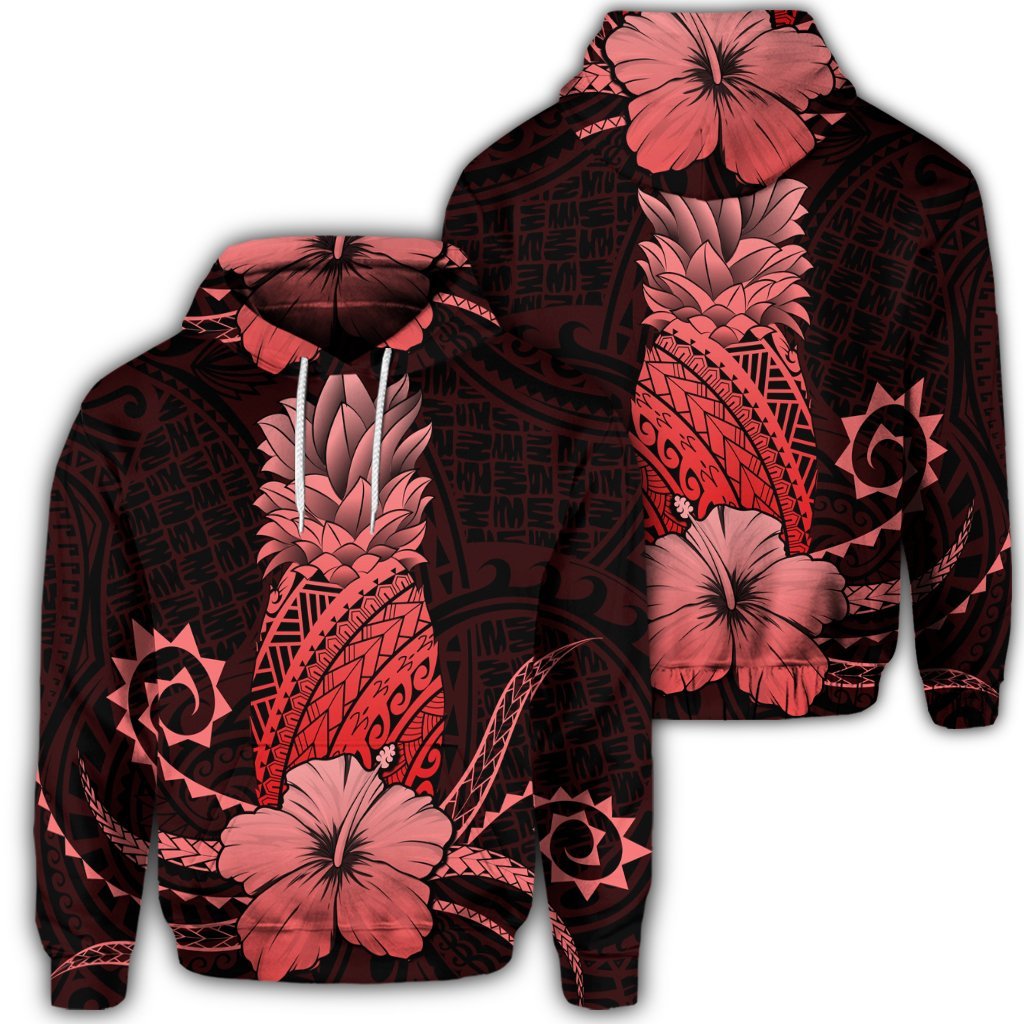 Hawaiian Polynesian Pineapple Hibiscus Hoodie Red Unisex Art - Polynesian Pride