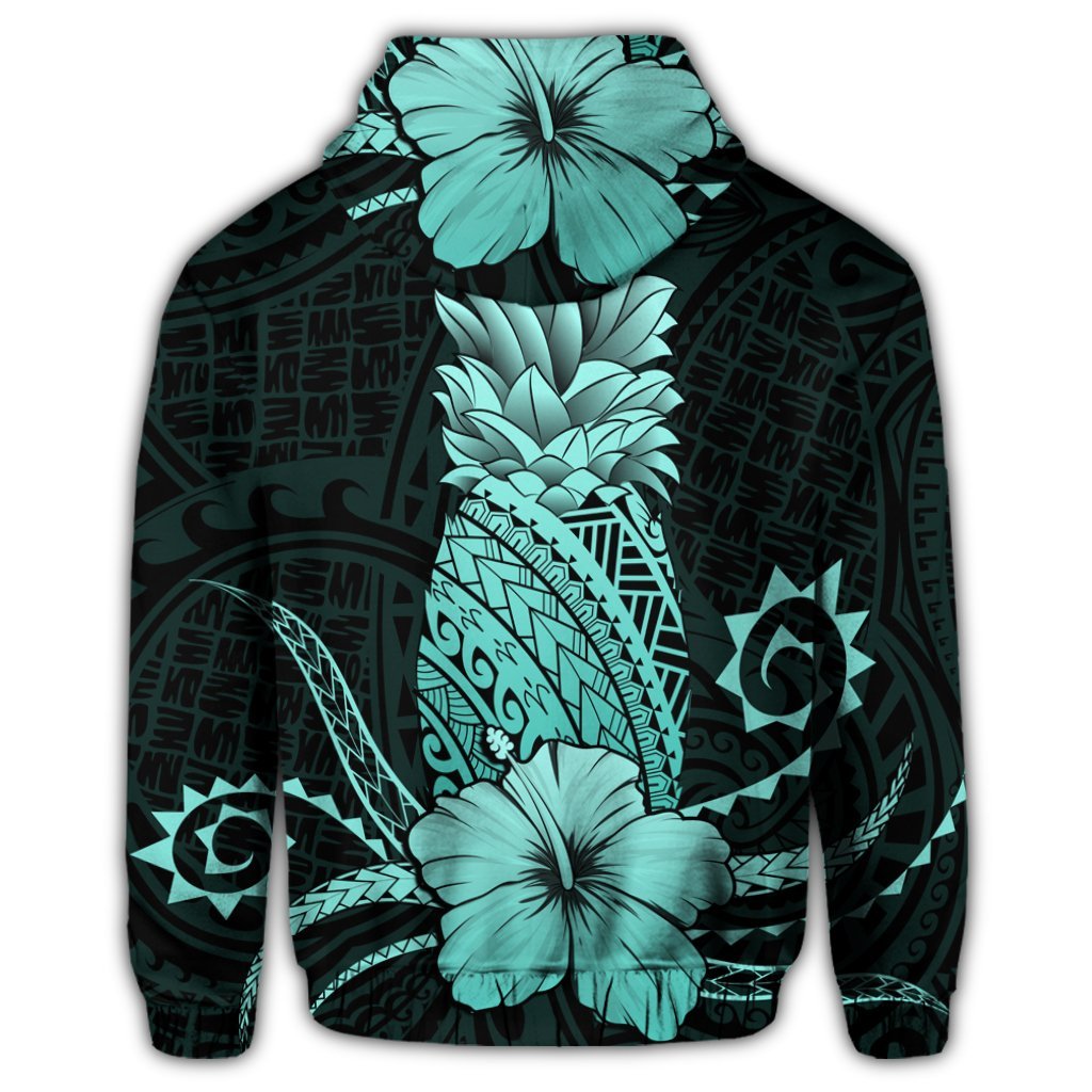 Hawaii Polynesian Zip Hoodie Pineapple Hibiscus Turquoise - Polynesian Pride