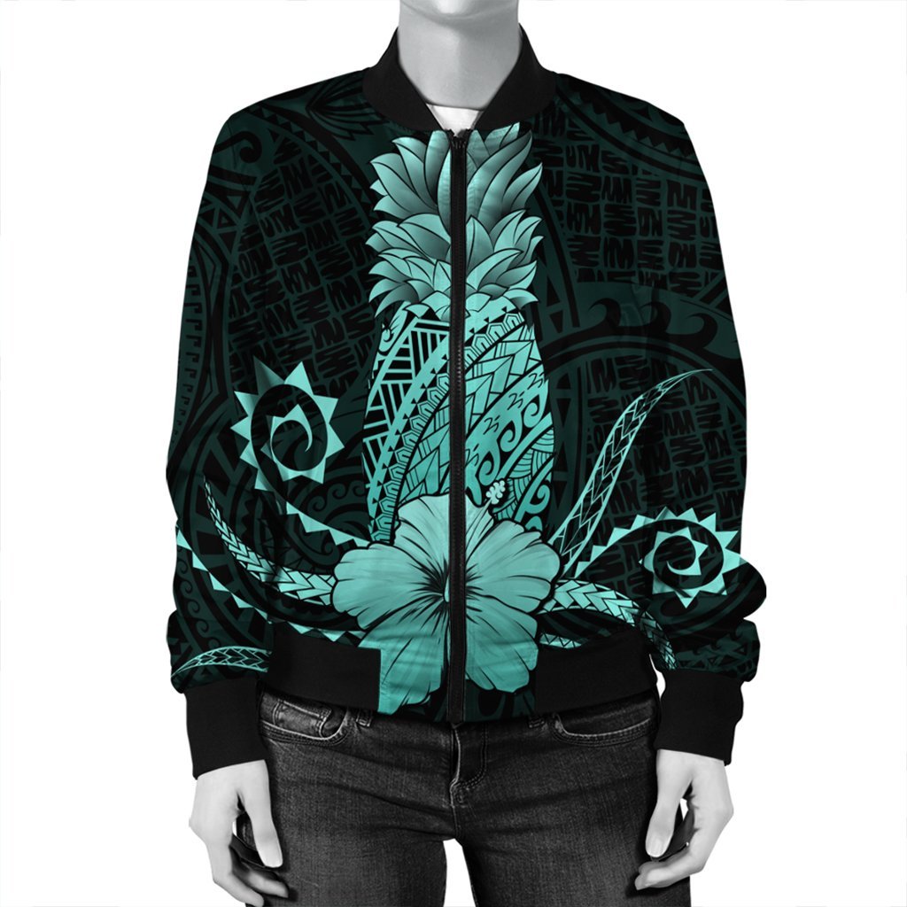 Hawaii Polynesian Pineapple Hibiscus Bomber Jacket - Turquoise - AH - Polynesian Pride