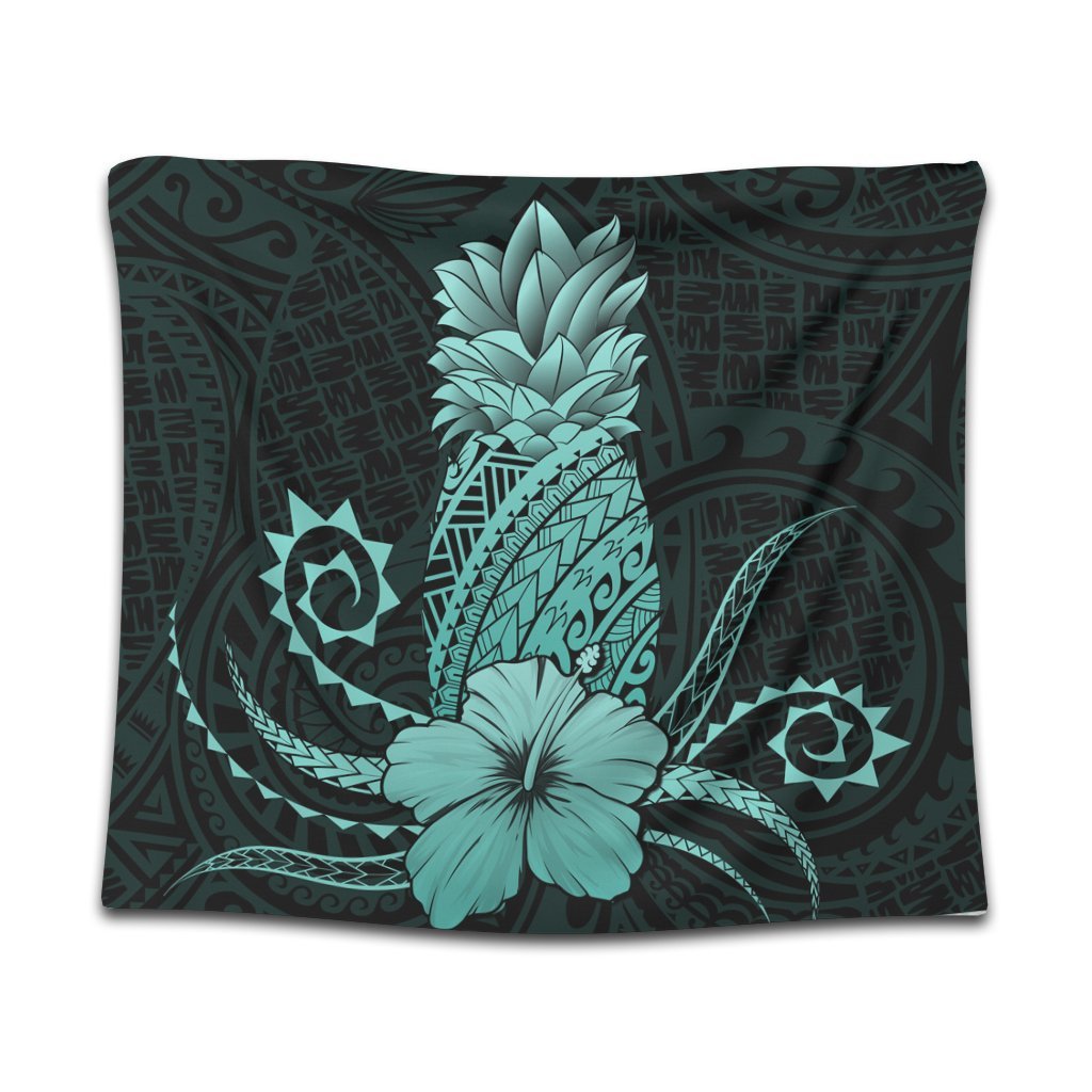 Hawaii Polynesian Pineapple Hibiscus Tapestry - Turquoise - AH Wall Tapestry Black - Polynesian Pride