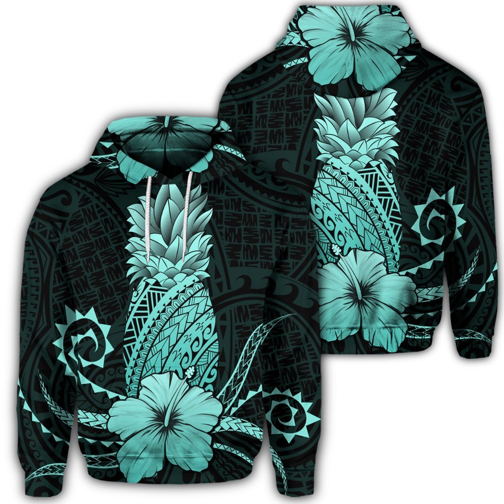 Hawaiian Polynesian Pineapple Hibiscus Hoodie Turquoise Unisex Art - Polynesian Pride