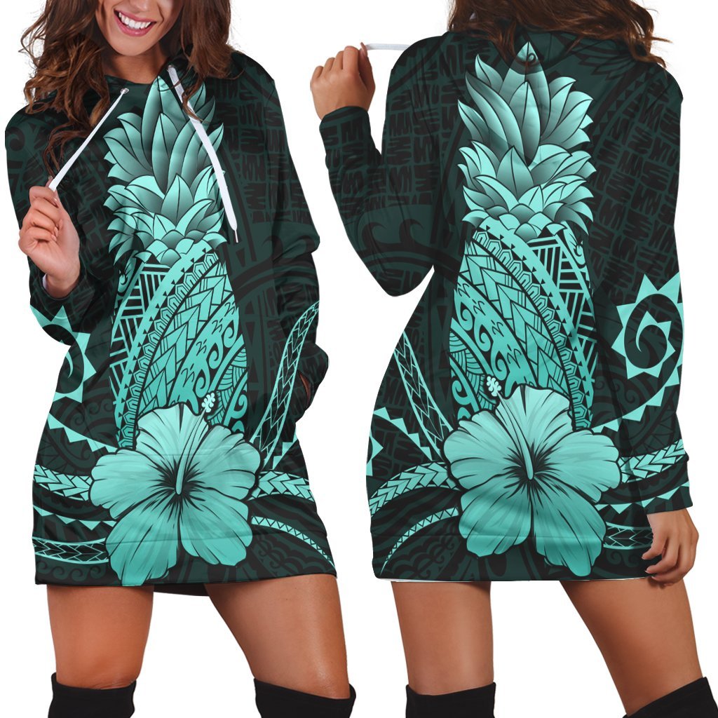 Hawaii Polynesian Pineapple Hibiscus Hoodie Dress - Turquoise - AH Black - Polynesian Pride