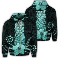 Hawaii Polynesian Zip Hoodie Pineapple Hibiscus Turquoise Unisex Art - Polynesian Pride