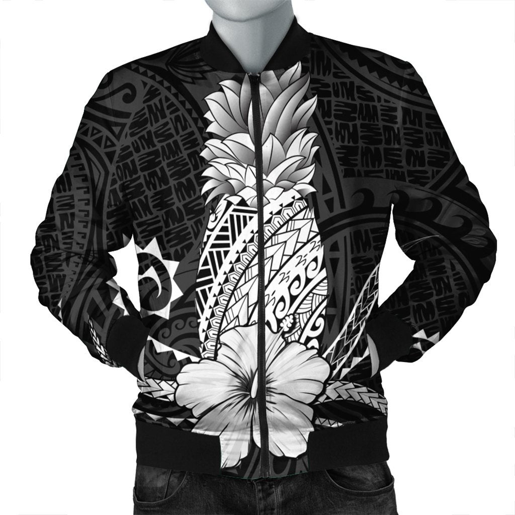 Hawaii Polynesian Pineapple Hibiscus Bomber Jacket - White - AH Black Unisex - Polynesian Pride