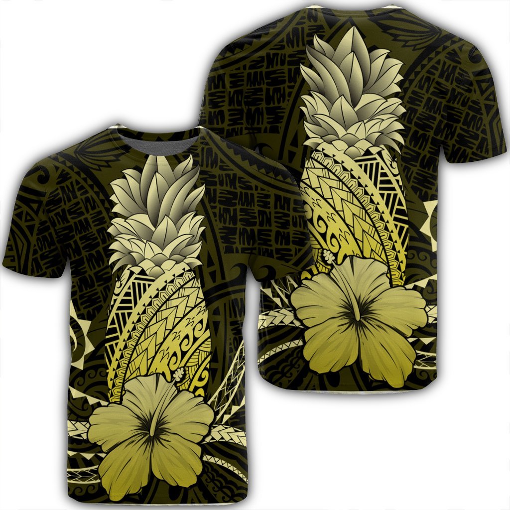 Hawaii Polynesian Pineapple Hibiscus T Shirt Yellow Unisex Black - Polynesian Pride