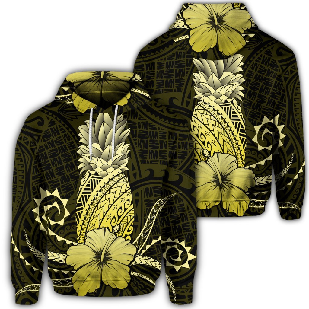 Hawaiian Polynesian Pineapple Hibiscus Hoodie Yellow Unisex Art - Polynesian Pride