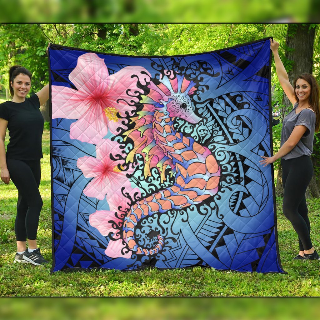 Hawaii Polynesian Pink Hibiscus Seahorse Premium Quilts - AH Black - Polynesian Pride
