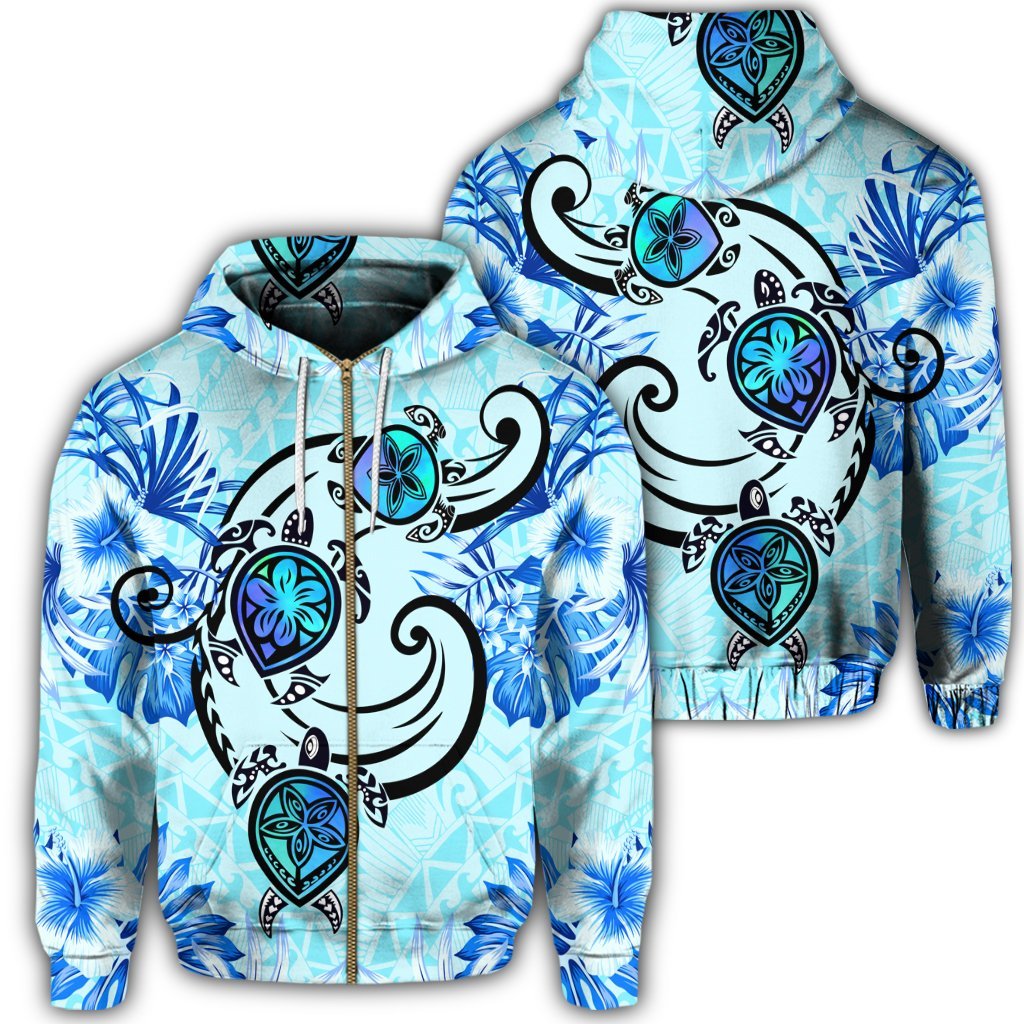 Hawaii Polynesian Plumeria Hibiscus Turtle Zip Hoodie Jack Style Blue Unisex Art - Polynesian Pride