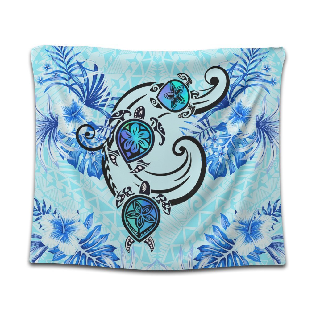 Hawaii Polynesian Plumeria Hibiscus Turtle Tapestry - AH - Jack Style - Blue Wall Tapestry Black - Polynesian Pride