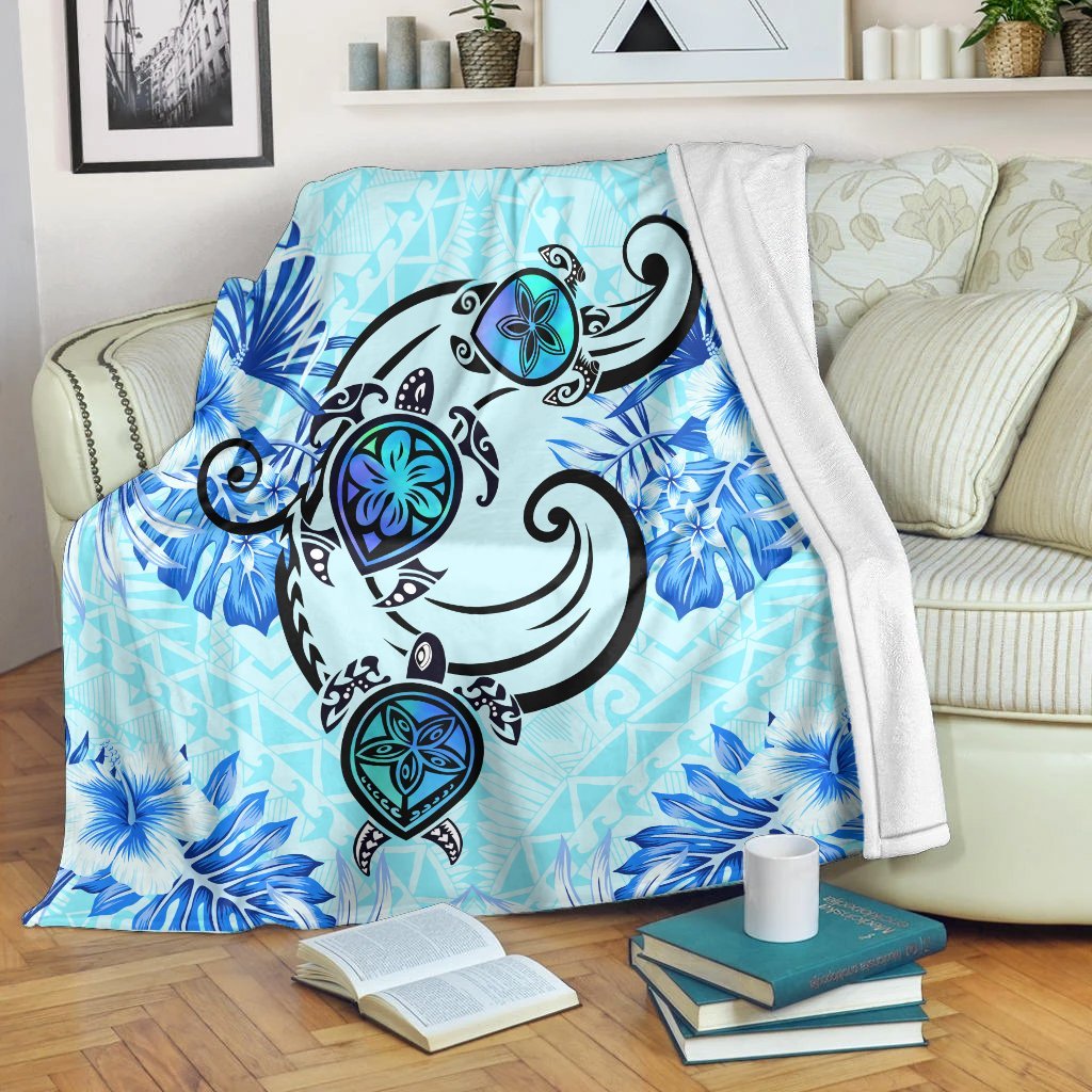 Hawaii Polynesian Plumeria Hibiscus Turtle Premium Blankets - AH - Jack Style - Blue White - Polynesian Pride