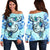 Hawaii Polynesian Plumeria Hibiscus Turtle Women's Off Shoulder Sweater - AH - Jack Style - Blue Black - Polynesian Pride