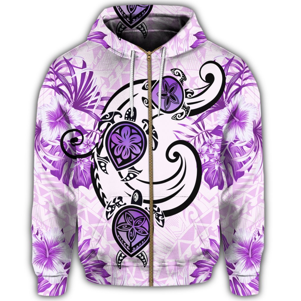 Hawaii Polynesian Plumeria Hibiscus Turtle Zip Hoodie Jack Style Pink - Polynesian Pride