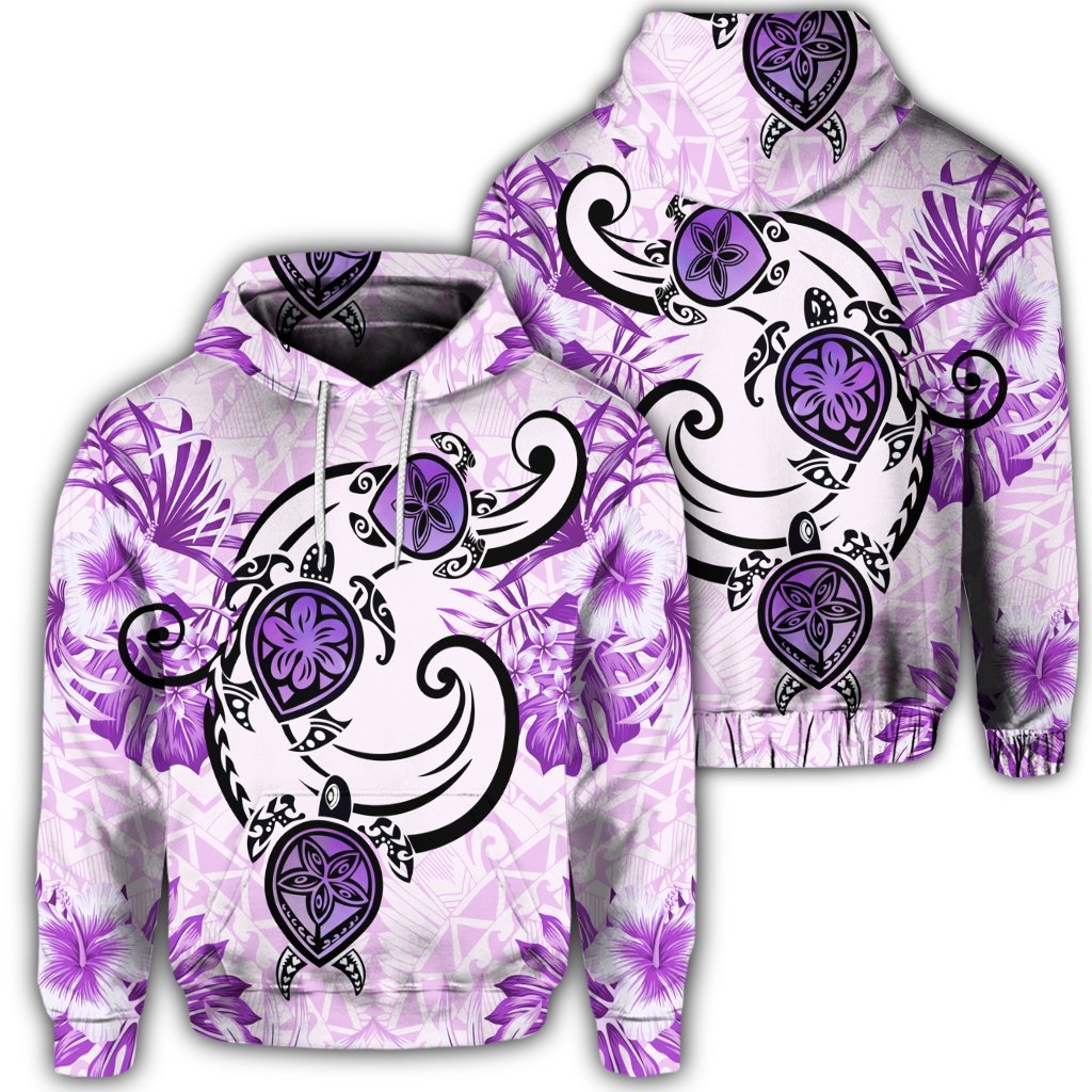 Hawaiian Polynesian Plumeria Hibiscus Turtle Hoodie Jack Style Pink Unisex Art - Polynesian Pride