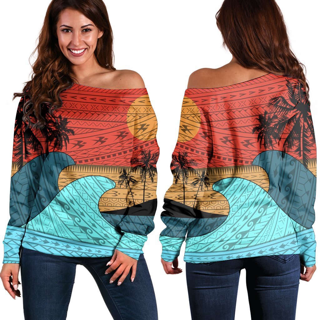 Hawaii Polynesian Sun Down Women's Off Shoulder Sweater - AH Black - Polynesian Pride