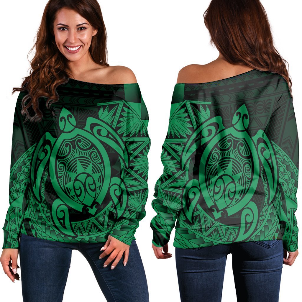 Hawaii Polynesian Turtle Women's Off Shoulder Sweater - Green - AH Black - Polynesian Pride