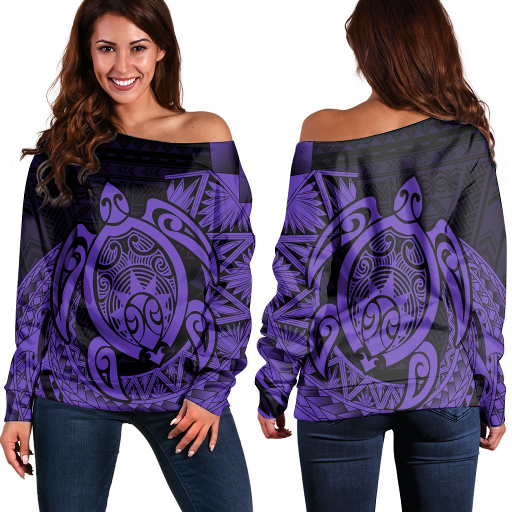 Hawaii Polynesian Turtle Women's Off Shoulder Sweater - Purple - AH Black - Polynesian Pride