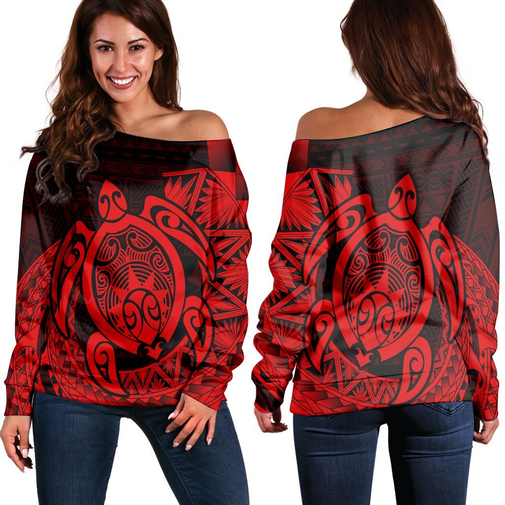 Hawaii Polynesian Turtle Women's Off Shoulder Sweater - Red - AH Black - Polynesian Pride