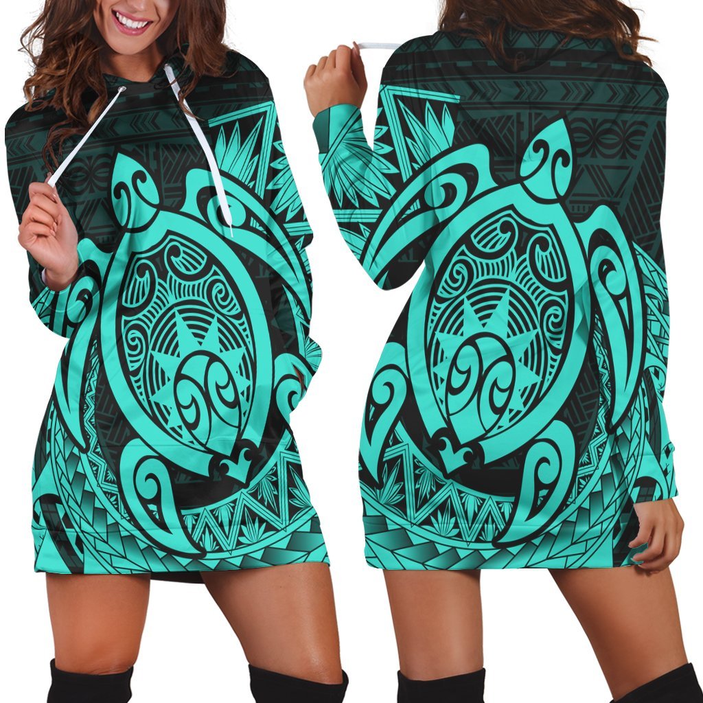 Hawaii Polynesian Turtle Hoodie Dress - Turquoise - AH Black - Polynesian Pride