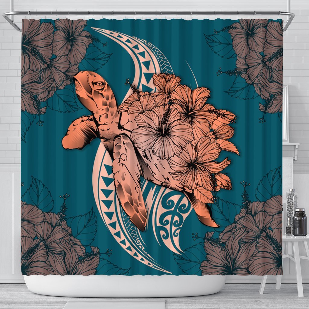 Hawaii Polynesian Turtle Hibiscus Shower Curtain - AH 177 x 172 (cm) Black - Polynesian Pride