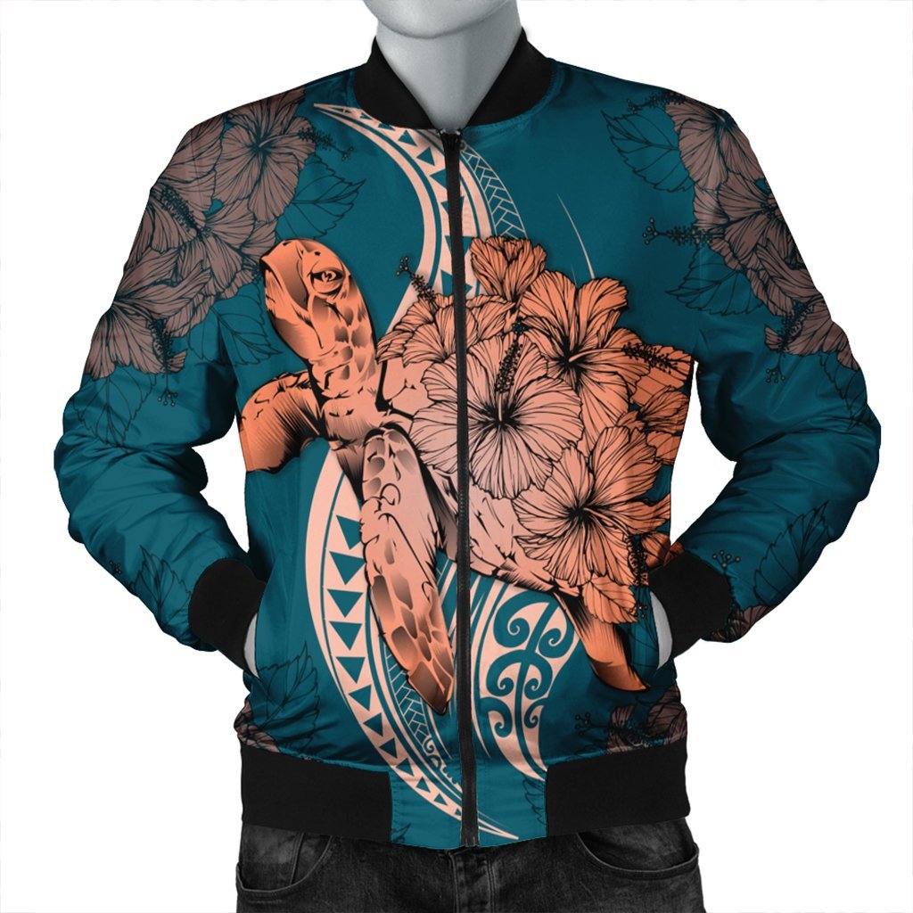 Hawaii Polynesian Turtle Hibiscus Bomber Jacket - AH Black Unisex - Polynesian Pride