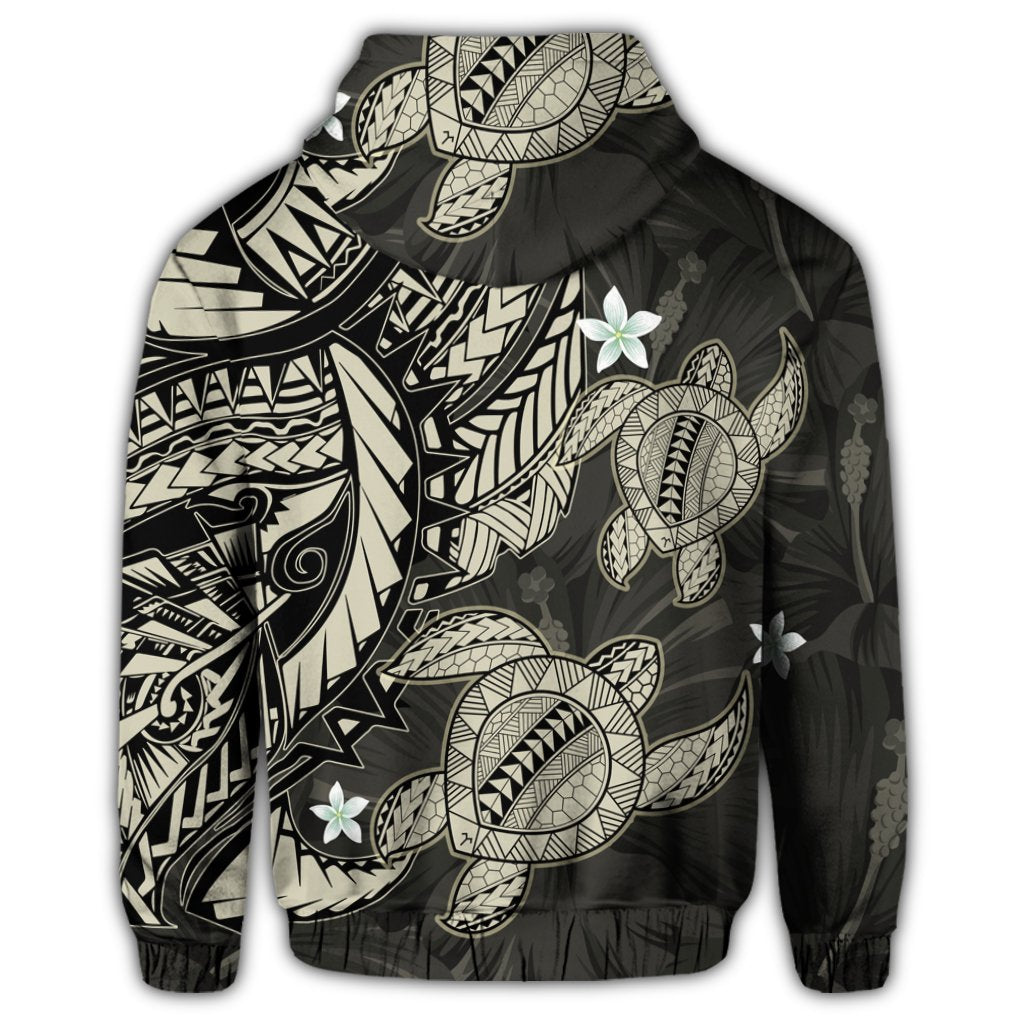Hawaii Zip Hoodie Polynesian Turtle with Hibiscus Beige - Polynesian Pride