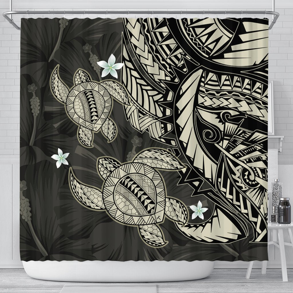 Hawaii Polynesian Turtle Hibiscus Shower Curtain - Beige - AH 177 x 172 (cm) Black - Polynesian Pride