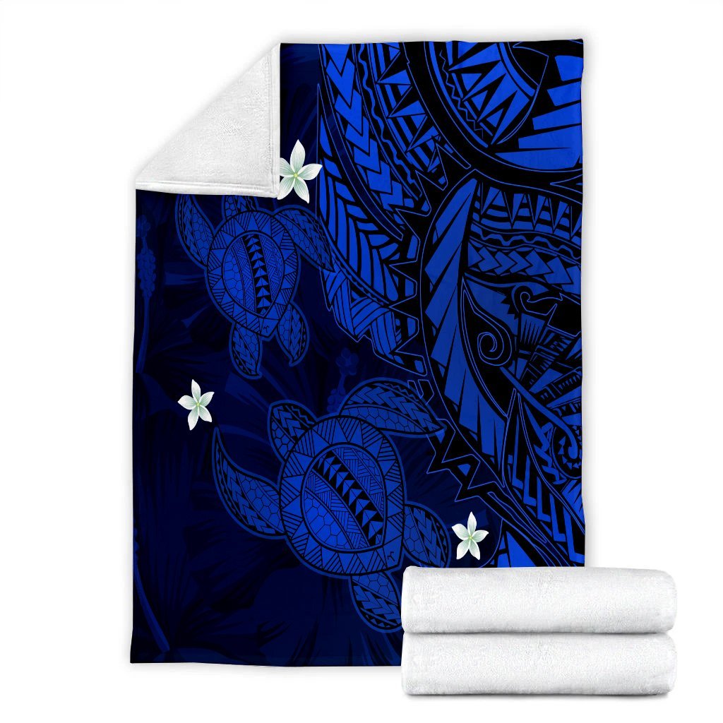 Hawaii Polynesian Turtle Hibiscus Premium Blankets - Blue - AH - Polynesian Pride