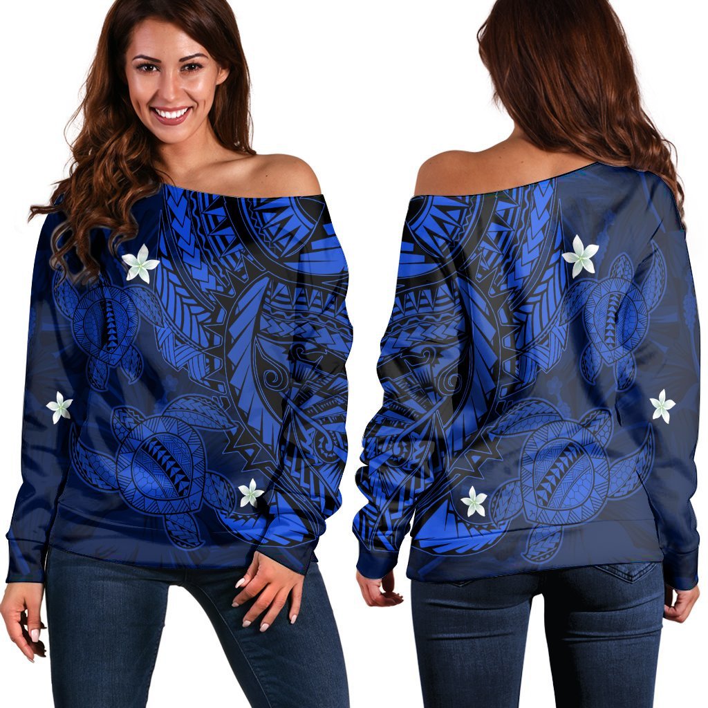 Hawaii Polynesian Turtle Hibiscus Women's Off Shoulder Sweater - Blue - AH Black - Polynesian Pride