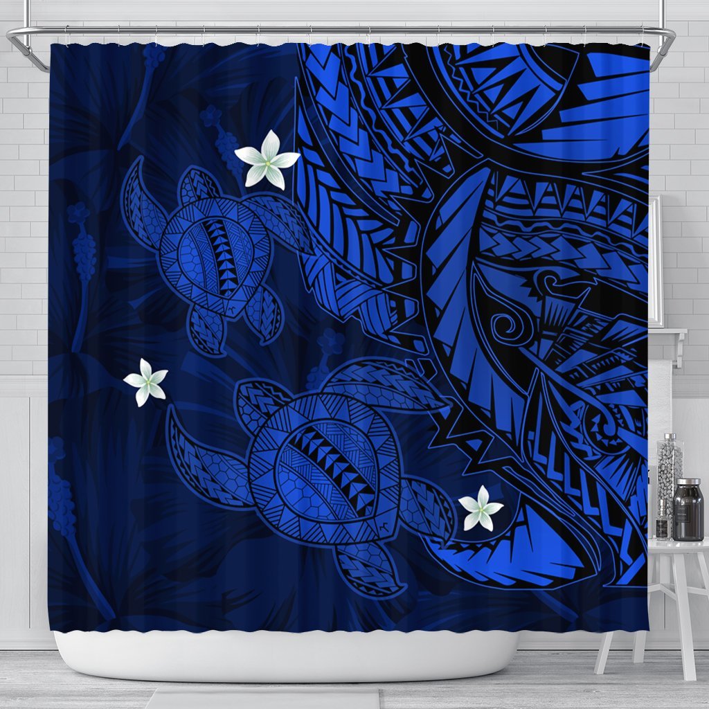 Hawaii Polynesian Turtle Hibiscus Shower Curtain - Blue - AH 177 x 172 (cm) Black - Polynesian Pride