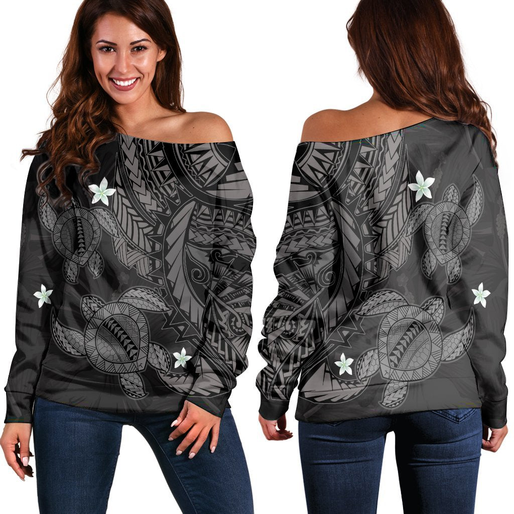 Hawaii Polynesian Turtle Hibiscus Women's Off Shoulder Sweater - Gray - AH Black - Polynesian Pride