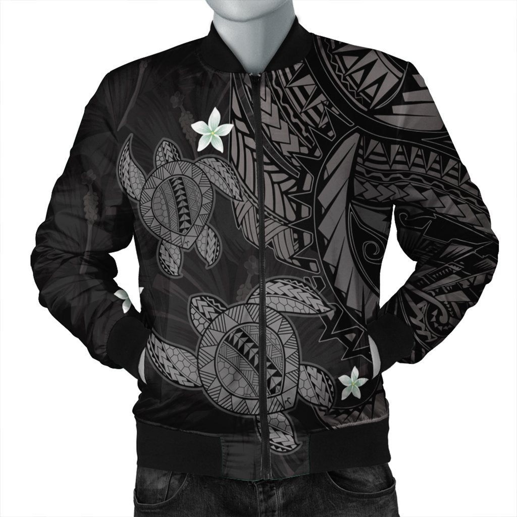 Hawaii Polynesian Turtle Hibiscus Bomber Jacket - Gray - AH Black Unisex - Polynesian Pride