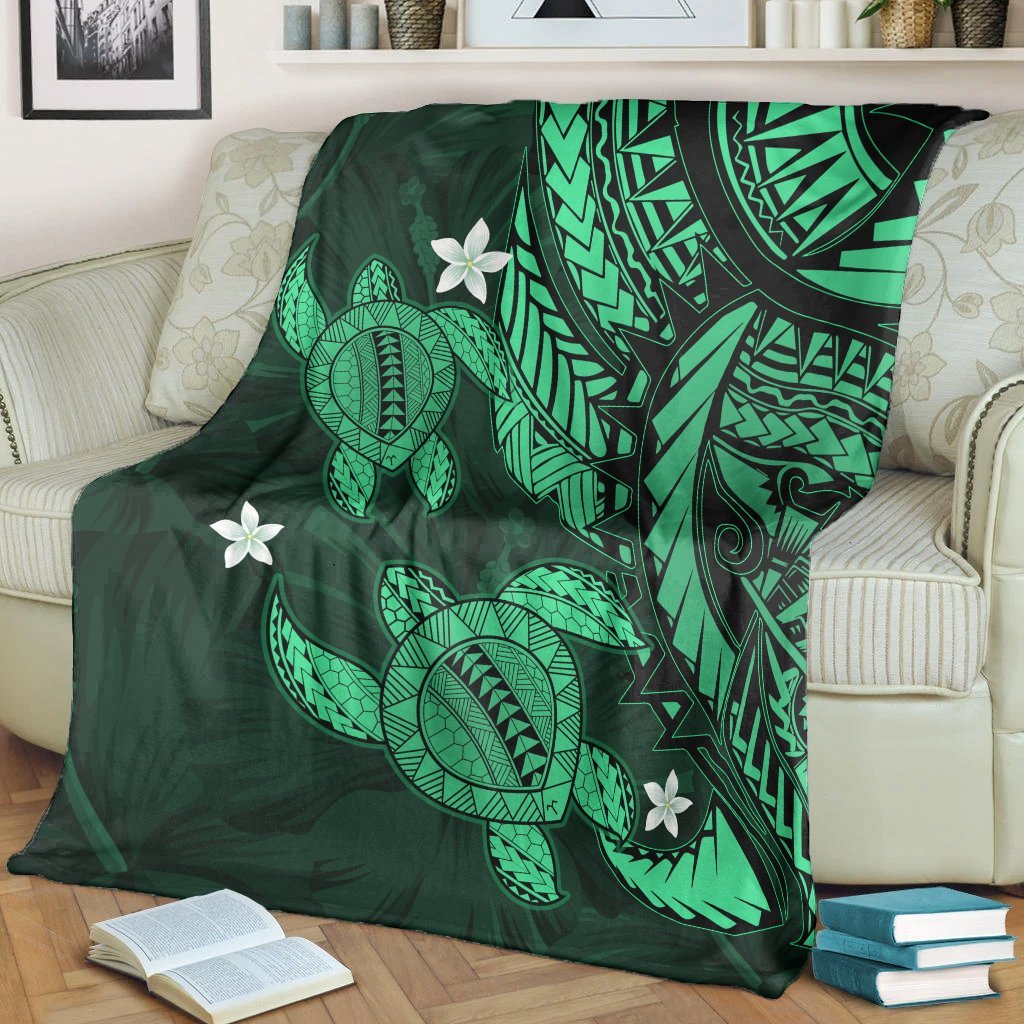 Hawaii Polynesian Turtle Hibiscus Premium Blankets - Green - AH - Polynesian Pride
