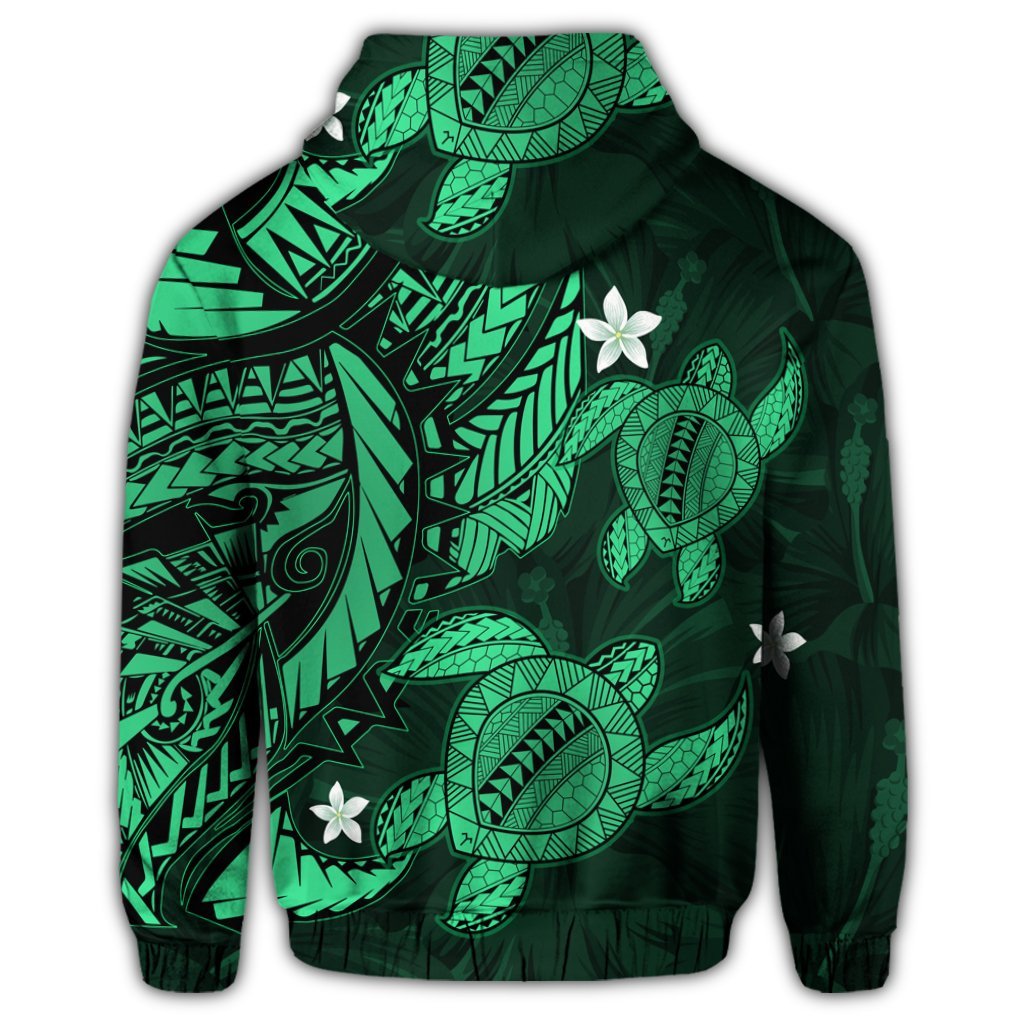 Hawaii Zip Hoodie Polynesian Turtle with Hibiscus Green - Polynesian Pride