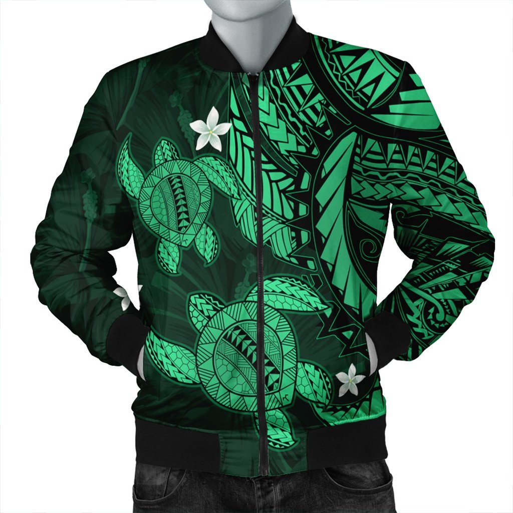 Hawaii Polynesian Turtle Hibiscus Bomber Jacket - Green - AH Black Unisex - Polynesian Pride