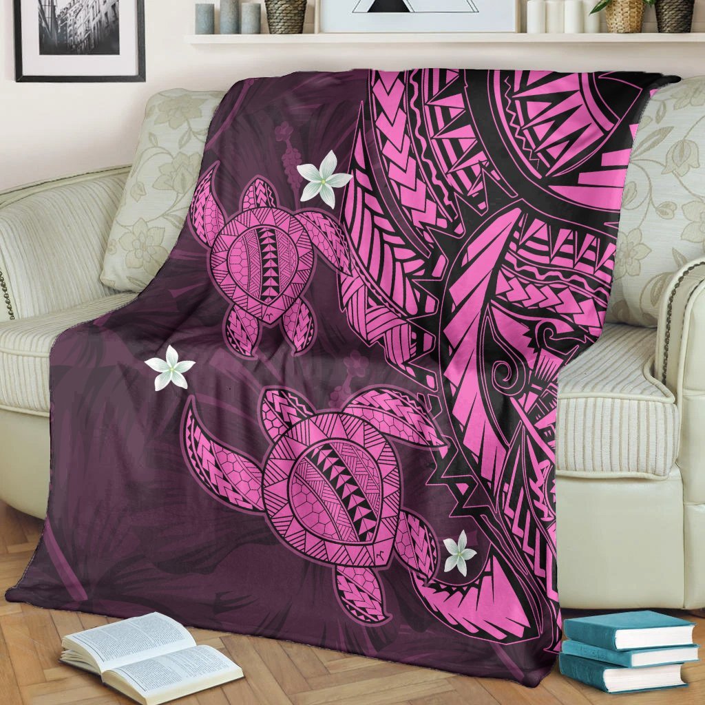 Hawaii Polynesian Turtle Hibiscus Premium Blankets - Pink - AH - Polynesian Pride
