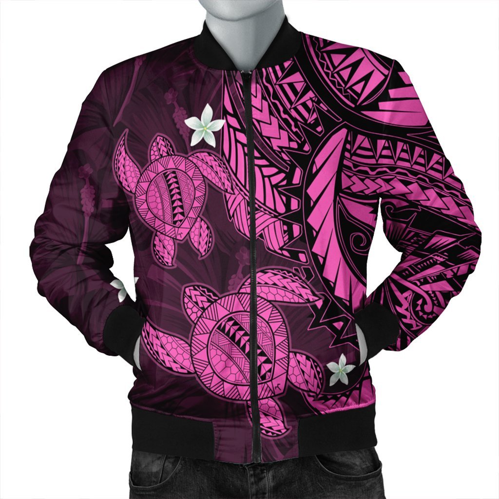 Hawaii Polynesian Turtle Hibiscus Bomber Jacket - Pink - AH Black Unisex - Polynesian Pride