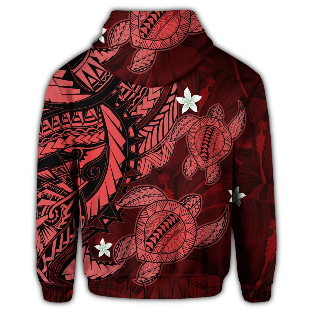 Hawaii Zip Hoodie Polynesian Turtle with Hibiscus Red - Polynesian Pride