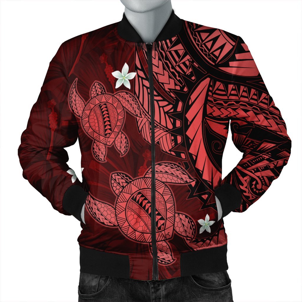 Hawaii Polynesian Turtle Hibiscus Bomber Jacket - Red - AH Black Unisex - Polynesian Pride