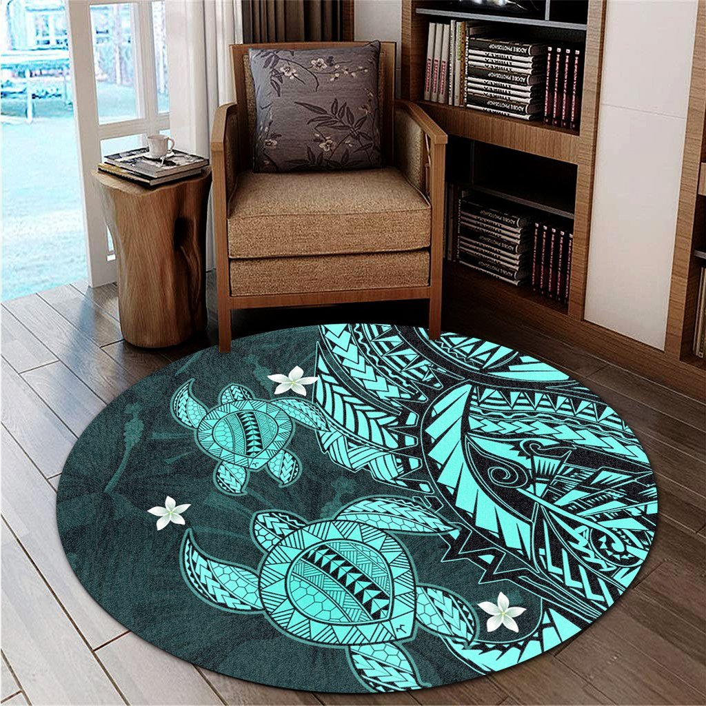 Hawaii Polynesian Turtle Hibiscus Round Carpet - Turquoise - AH - Polynesian Pride