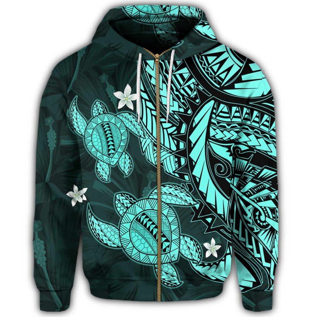 Hawaii Zip Hoodie Polynesian Turtle with Hibiscus Turquoise - Polynesian Pride