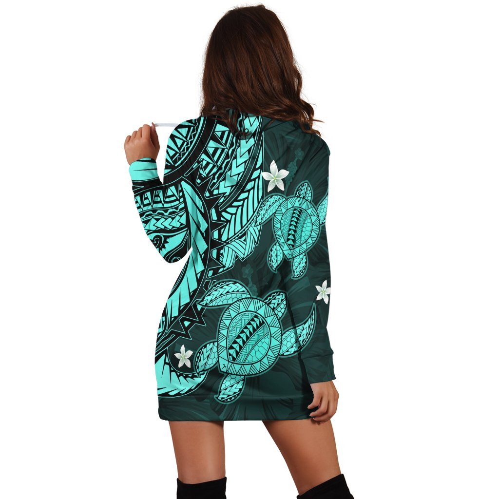 Hawaii Polynesian Turtle Hibiscus Hoodie Dress - Turquoise - AH - Polynesian Pride
