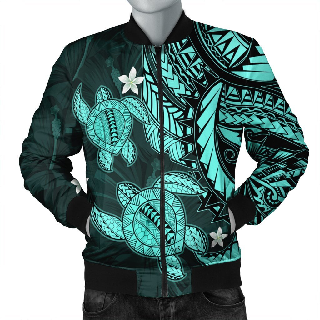 Hawaii Polynesian Turtle Hibiscus Bomber Jacket - Turquoise - AH Black Unisex - Polynesian Pride