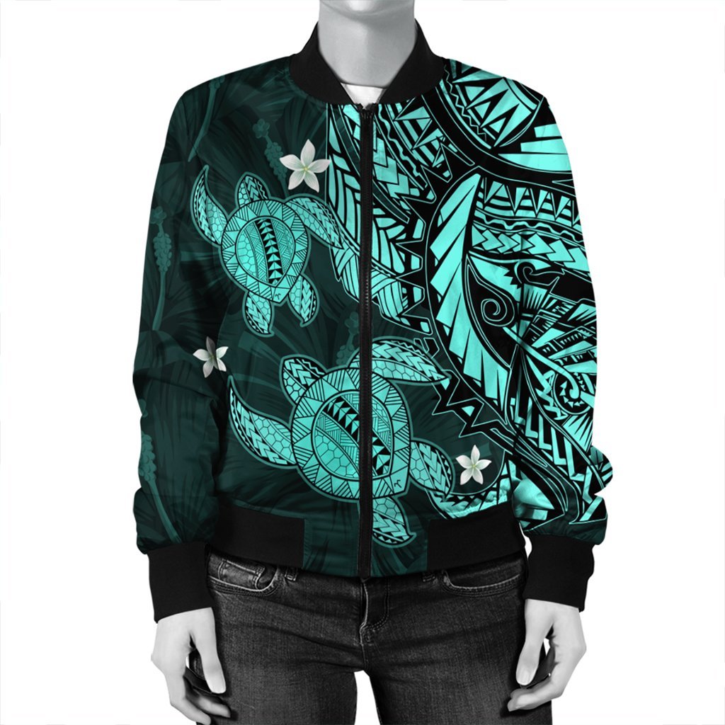 Hawaii Polynesian Turtle Hibiscus Bomber Jacket - Turquoise - AH - Polynesian Pride