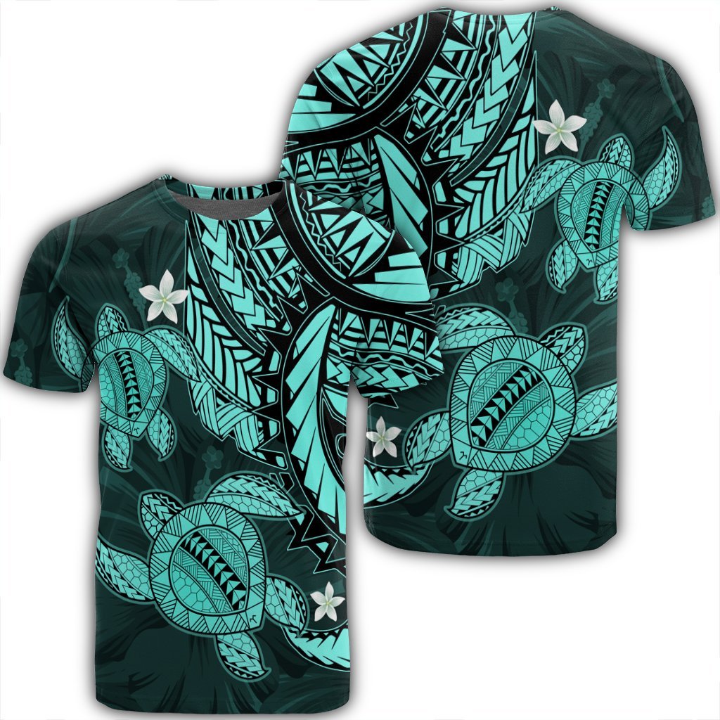 Hawaii Polynesian Turtle Hibiscus T Shirt Turquoise Unisex Black - Polynesian Pride