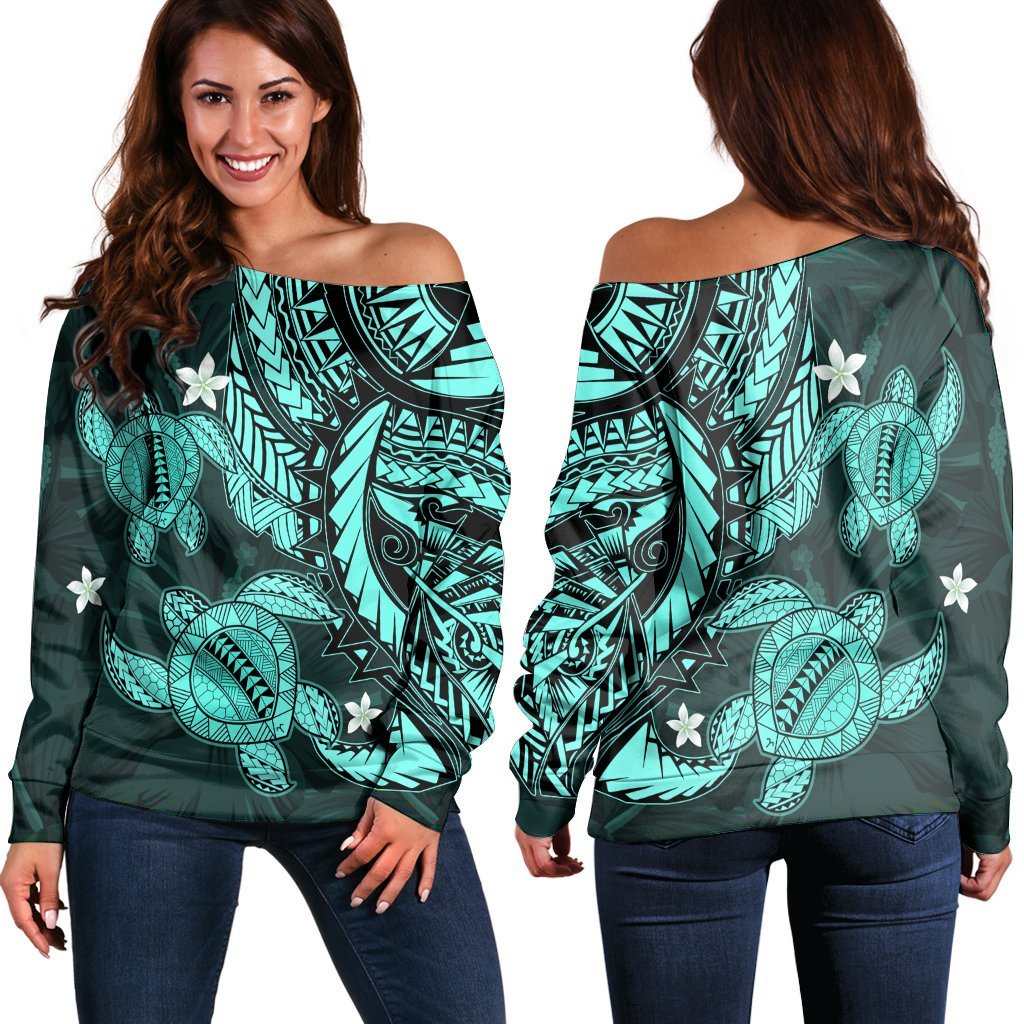 Hawaii Polynesian Turtle Hibiscus Women's Off Shoulder Sweater - Turquoise - AH Black - Polynesian Pride