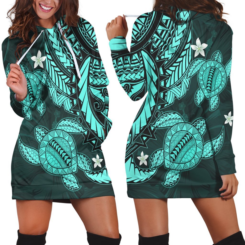 Hawaii Polynesian Turtle Hibiscus Hoodie Dress - Turquoise - AH Black - Polynesian Pride