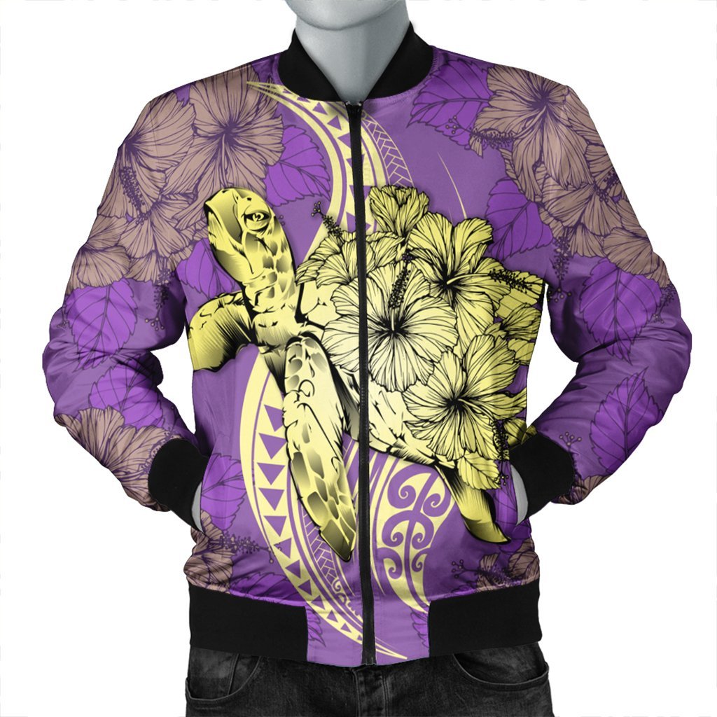 Hawaii Polynesian Turtle Hibiscus Bomber Jacket - Yellow - AH Black Unisex - Polynesian Pride