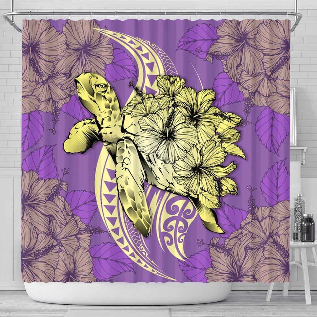 Hawaii Polynesian Turtle Hibiscus Shower Curtain - Yellow - AH 177 x 172 (cm) Black - Polynesian Pride